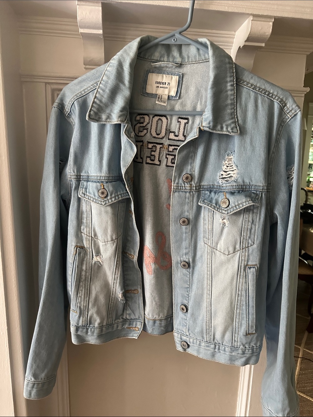 Forever 21 Light Blue Distressed Denim Jacket with Interior Graphic